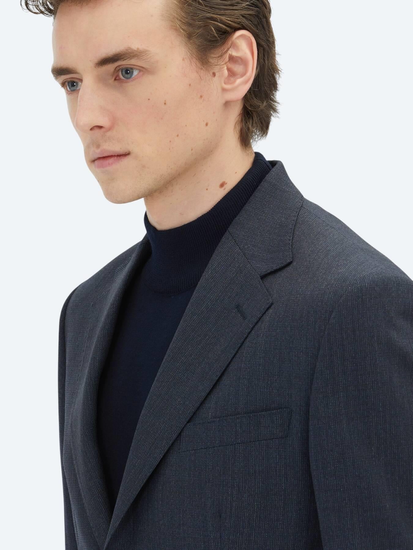 Lacivert Çizgili Modern Fit Yün Karışımlı Takım Elbise