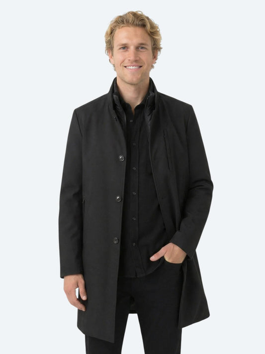 Siyah Regular Fit Kruvaze Yaka Casual Dokuma Pardösü