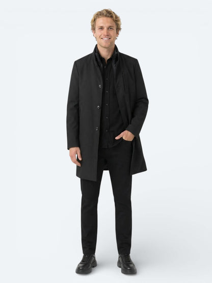 Siyah Regular Fit Kruvaze Yaka Casual Dokuma Pardösü