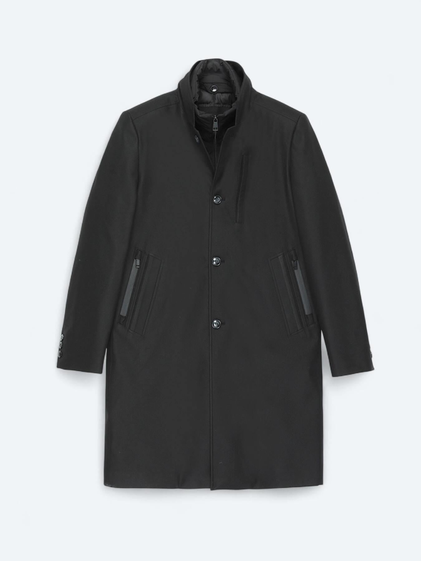Siyah Regular Fit Kruvaze Yaka Casual Dokuma Pardösü