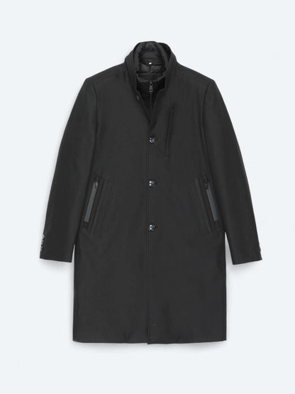 Siyah Regular Fit Kruvaze Yaka Casual Dokuma Pardösü