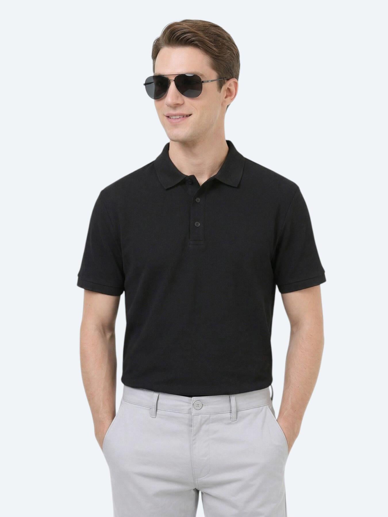 Siyah Düz Polo Yaka %100 Pamuk T-shirt