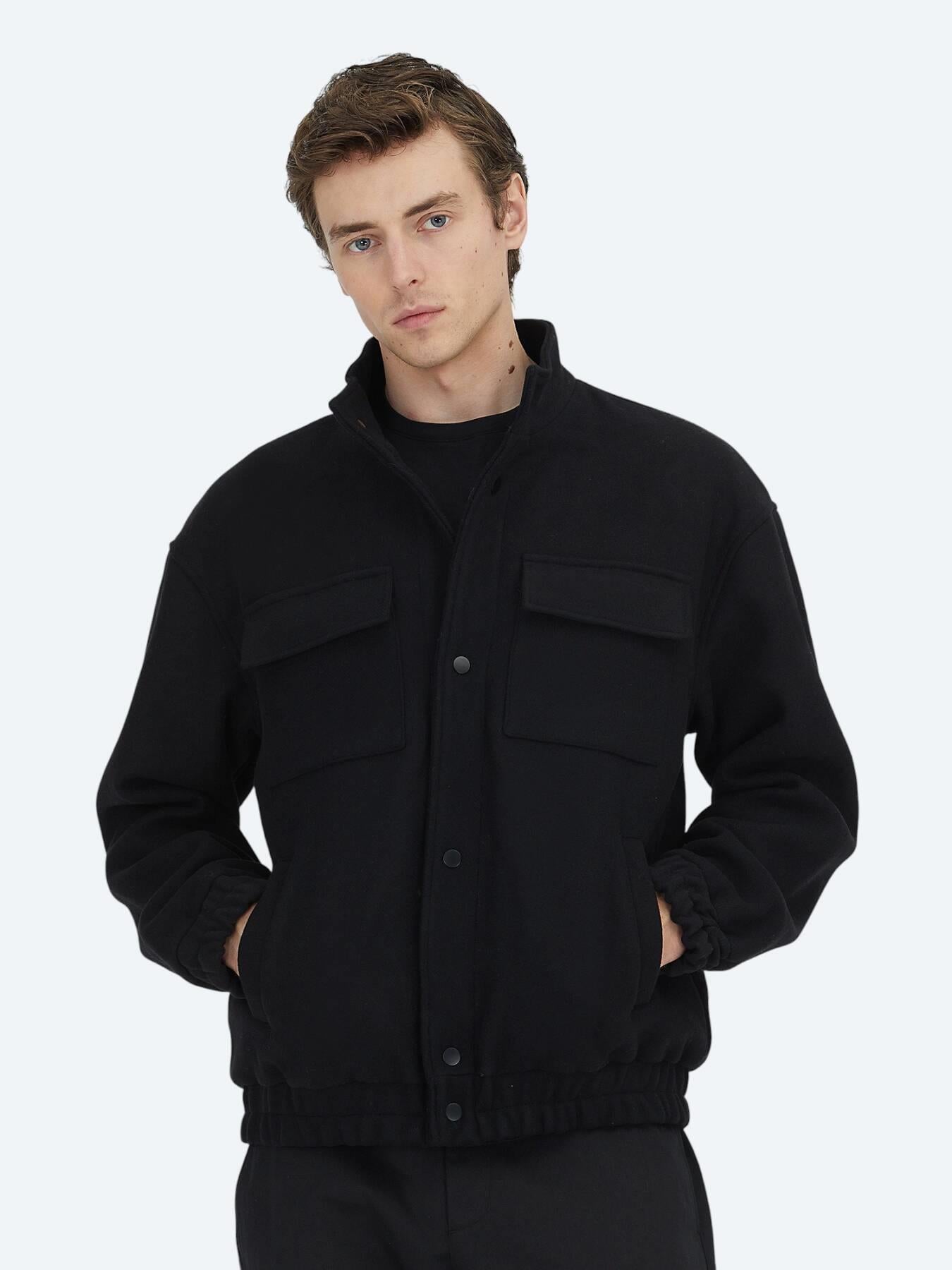 Siyah Comfort Fit Dik Yaka Casual Dokuma Mont