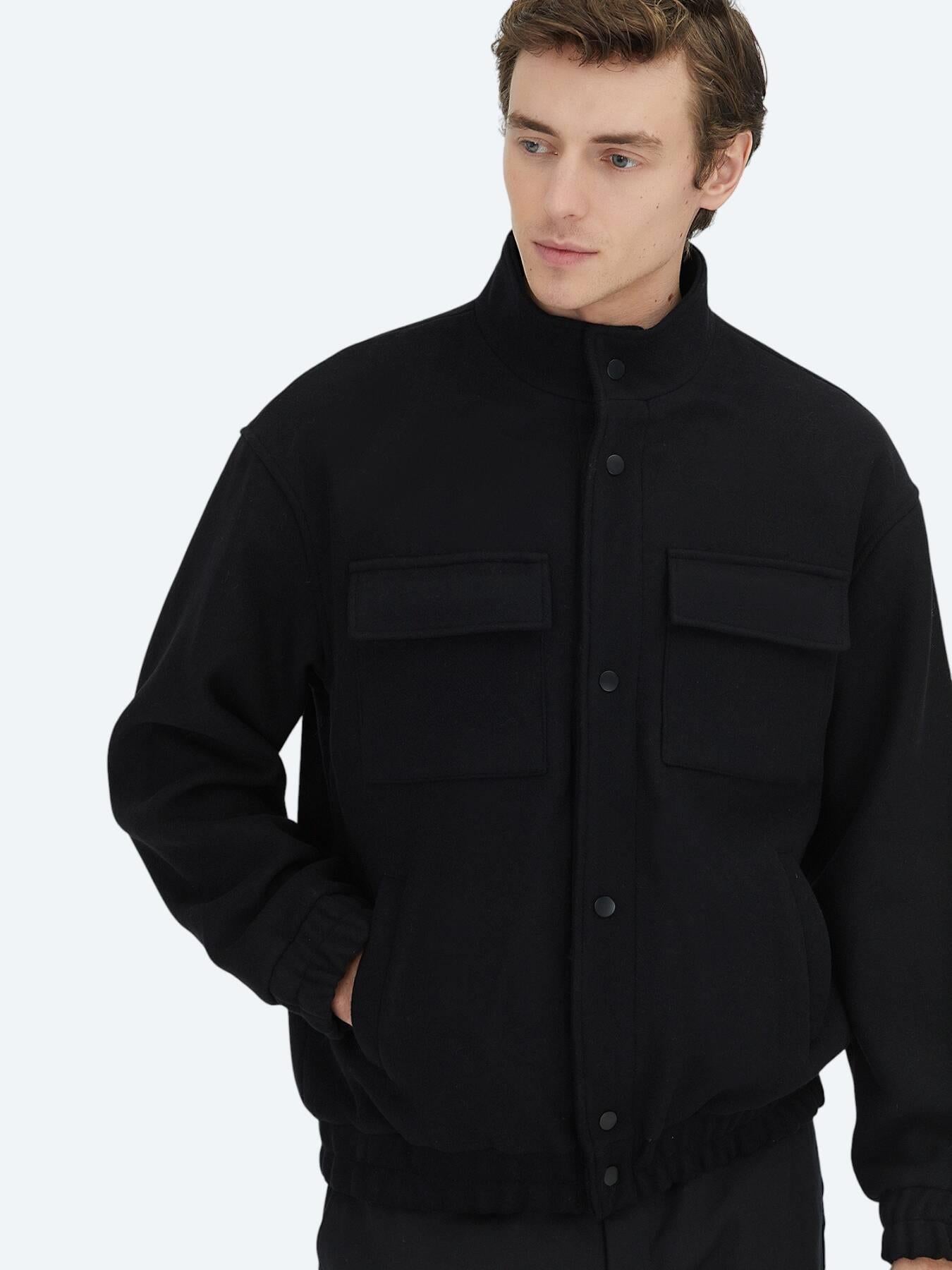Siyah Comfort Fit Dik Yaka Casual Dokuma Mont