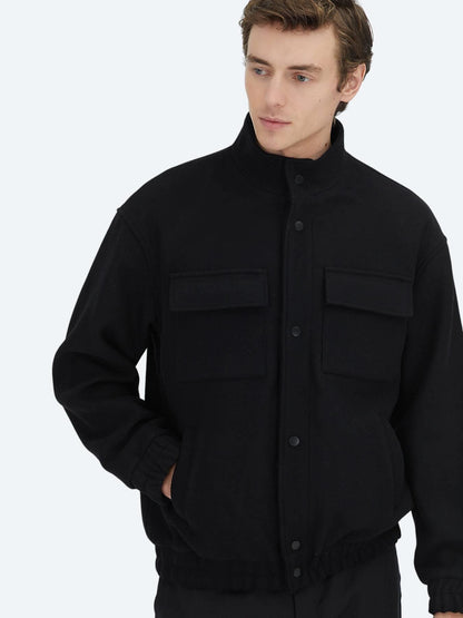 Siyah Comfort Fit Dik Yaka Casual Dokuma Mont