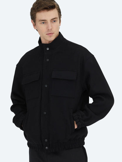 Siyah Comfort Fit Dik Yaka Casual Dokuma Mont