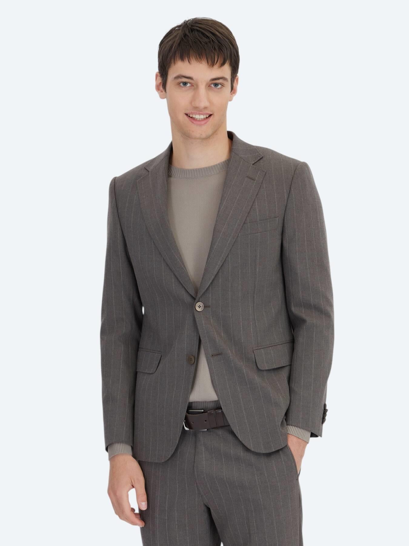 Kahverengi Çizgili Modern Fit Yün Karışımlı Takım Elbise