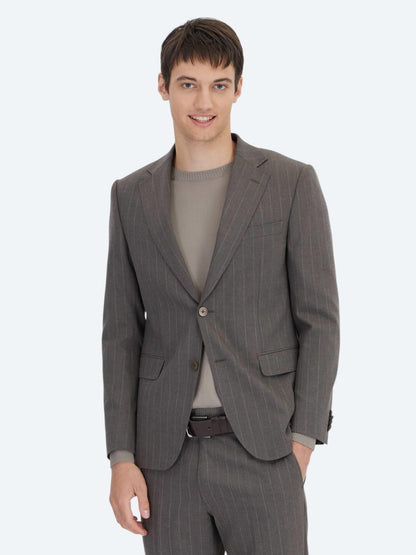 Kahverengi Çizgili Modern Fit Yün Karışımlı Takım Elbise