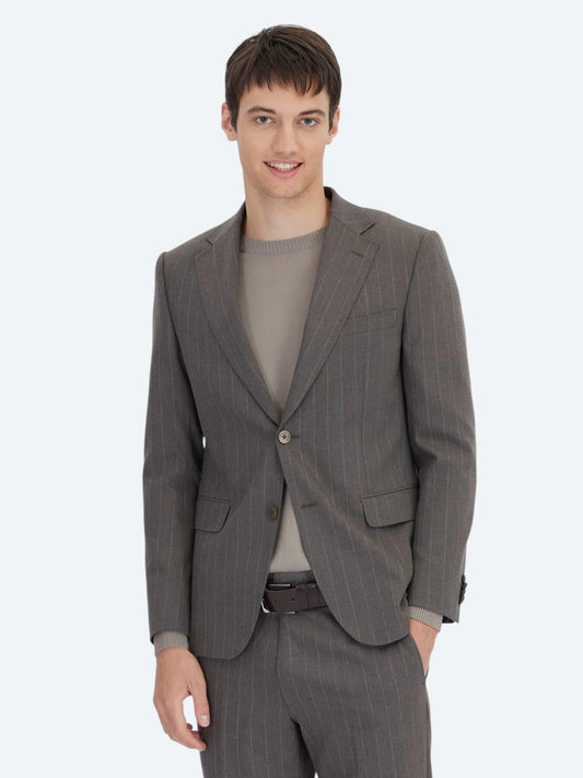 Kahverengi Çizgili Modern Fit Yün Karışımlı Takım Elbise