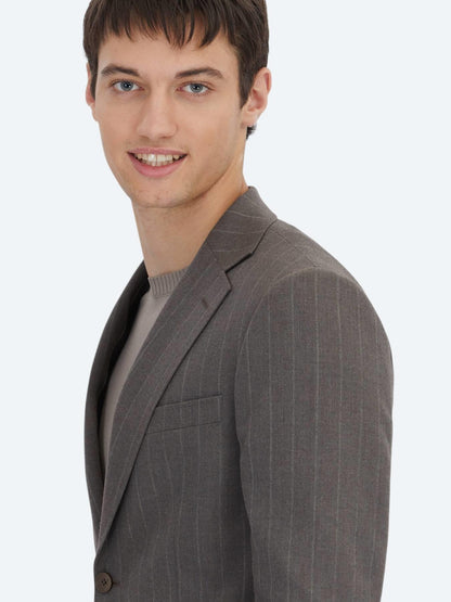 Kahverengi Çizgili Modern Fit Yün Karışımlı Takım Elbise