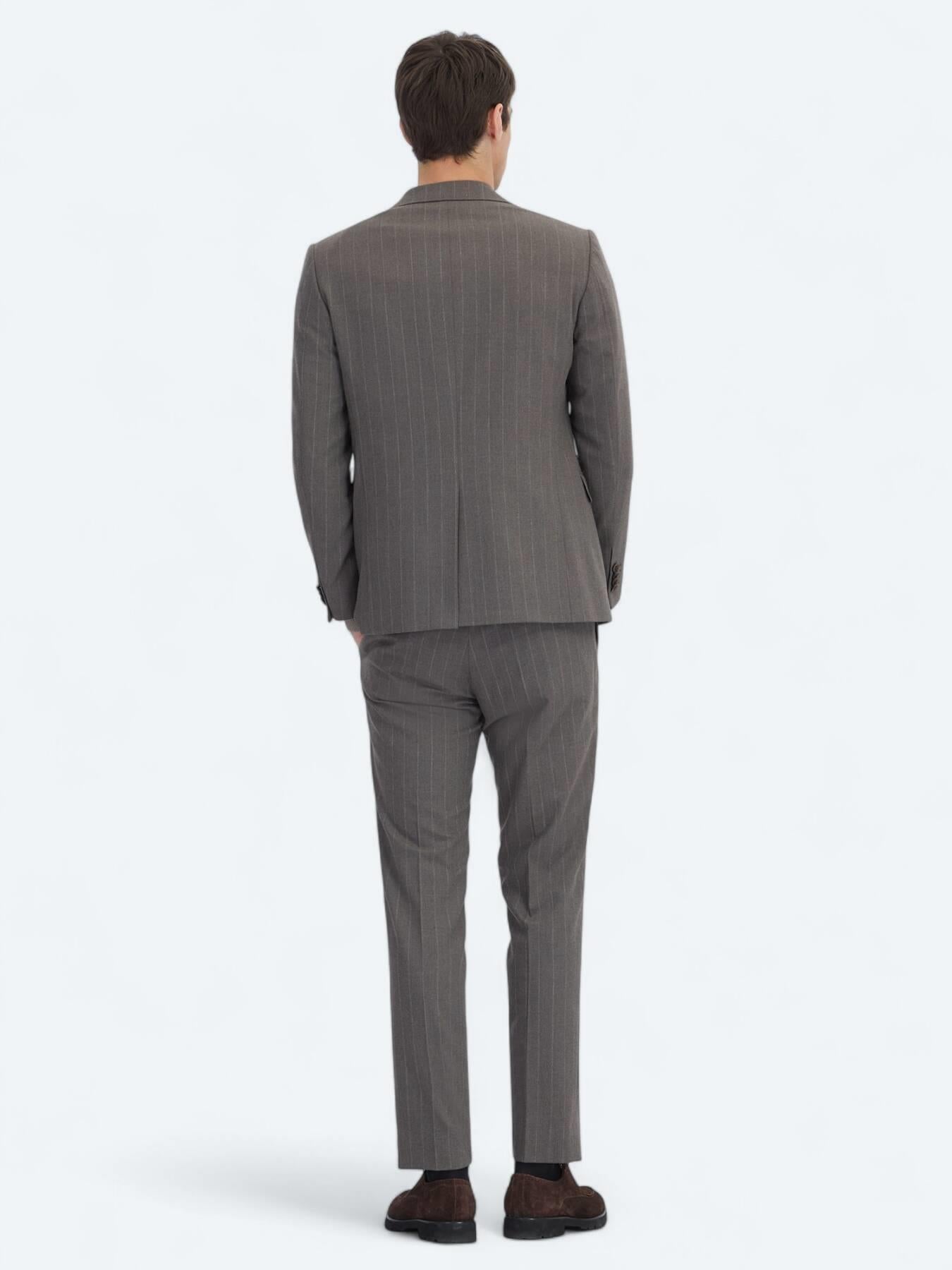 Kahverengi Çizgili Modern Fit Yün Karışımlı Takım Elbise