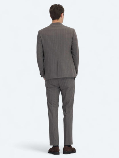 Kahverengi Çizgili Modern Fit Yün Karışımlı Takım Elbise