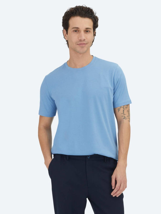 Unisex Mavi Düz Bisiklet Yaka %100 Pamuk T-shirt