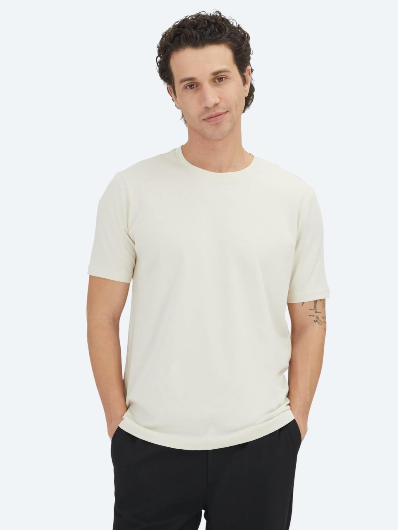 Unisex Ekru Düz Bisiklet Yaka %100 Pamuk T-shirt