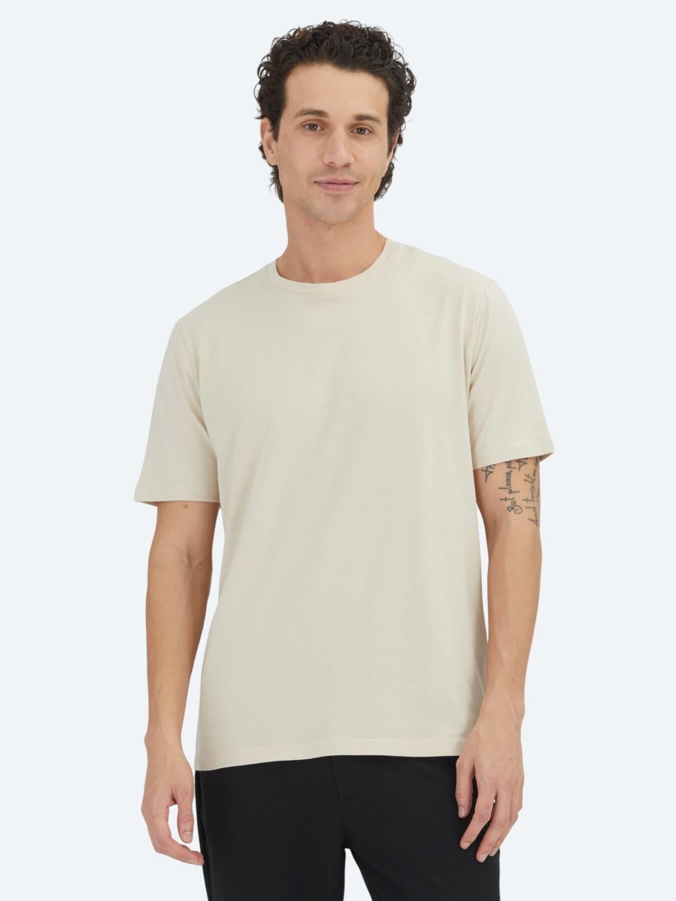 Unisex Bej Düz Bisiklet Yaka %100 Pamuk T-shirt