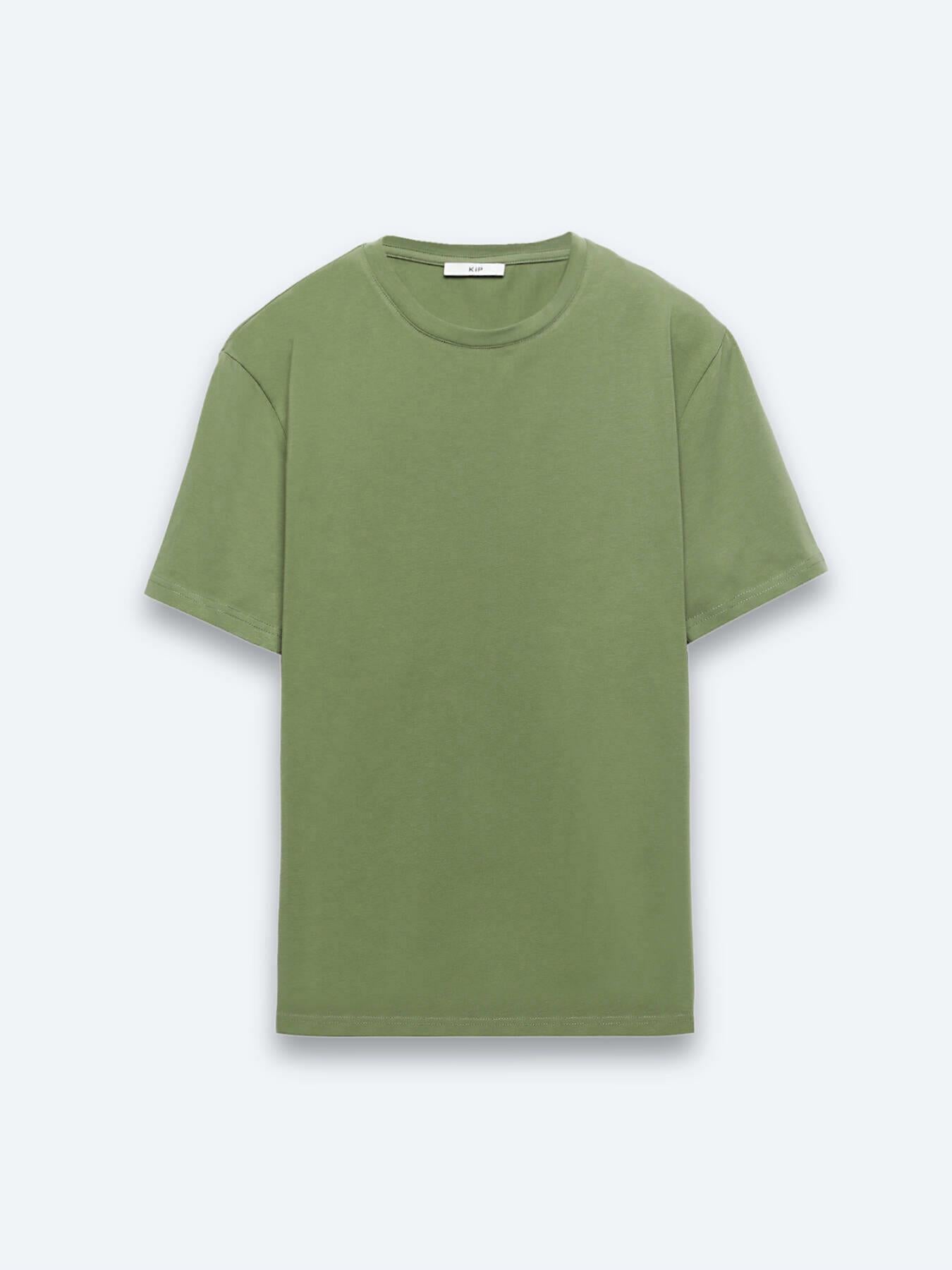 Yeşil Düz Bisiklet Yaka Pamuk Karışımlı T-shirt