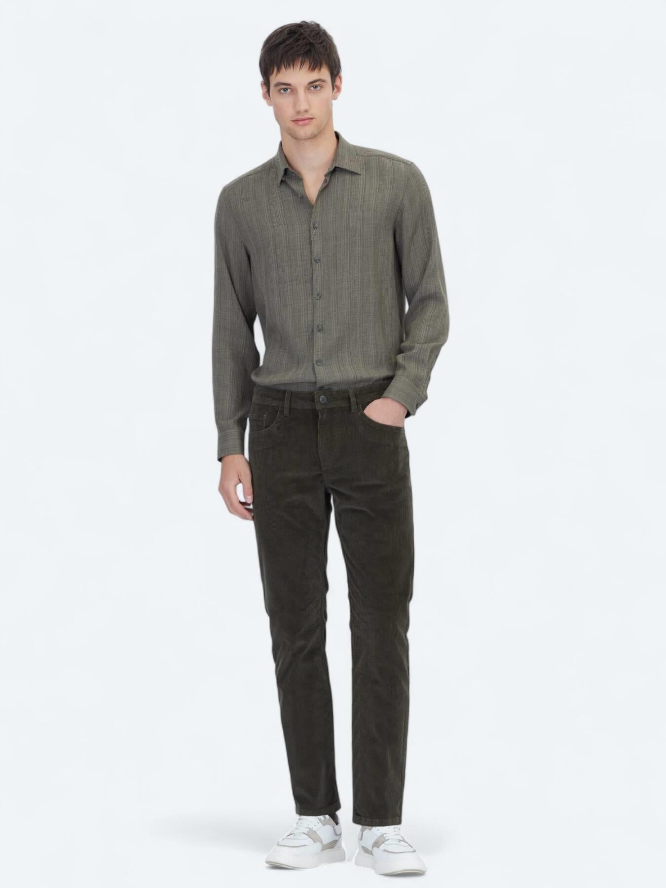 Haki Fitilli Dokuma Slim Fit Kadife Casual Pamuk Karışımlı Pantolon