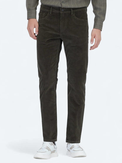Haki Fitilli Dokuma Slim Fit Kadife Casual Pamuk Karışımlı Pantolon