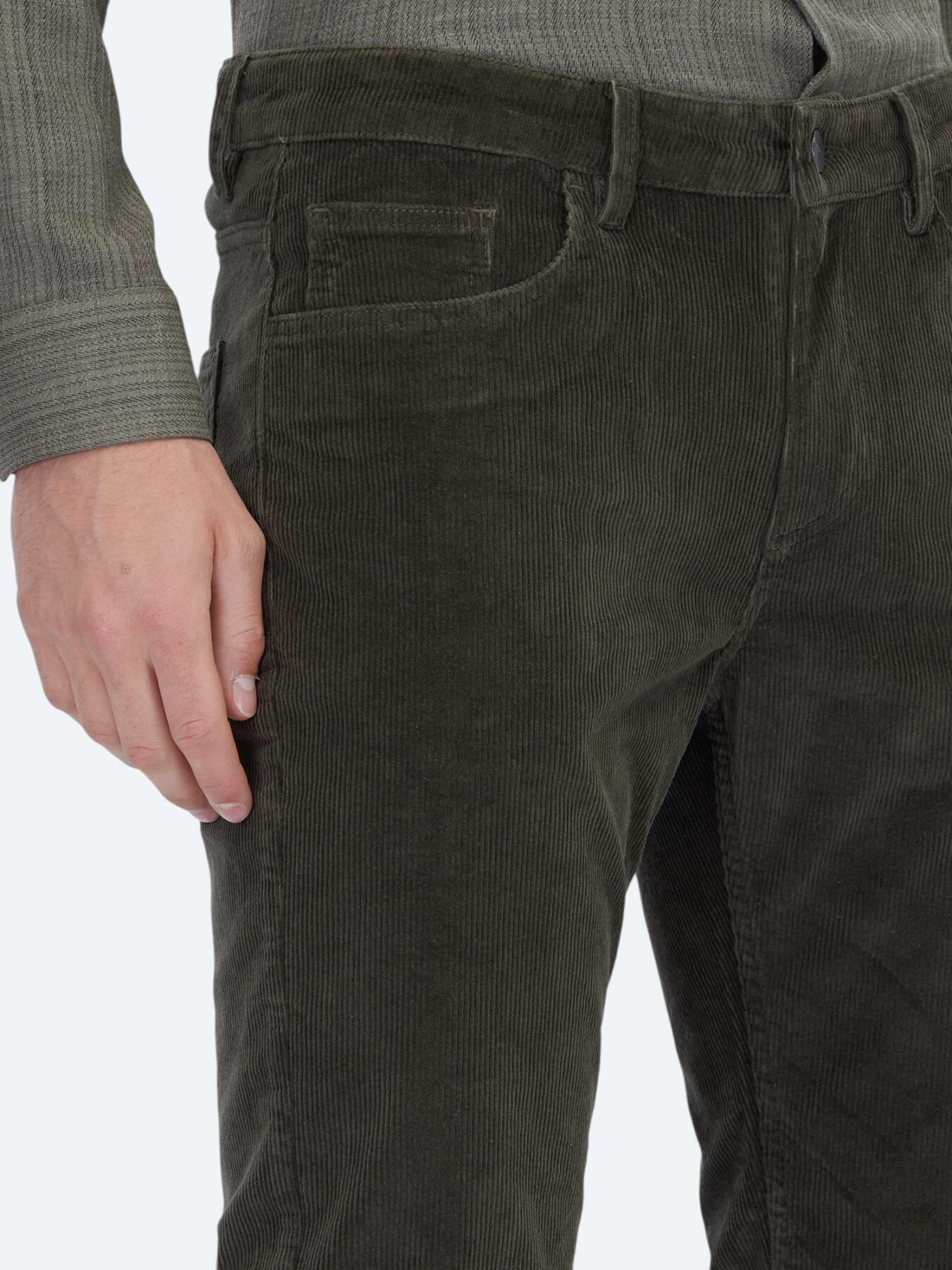 Haki Fitilli Dokuma Slim Fit Kadife Casual Pamuk Karışımlı Pantolon