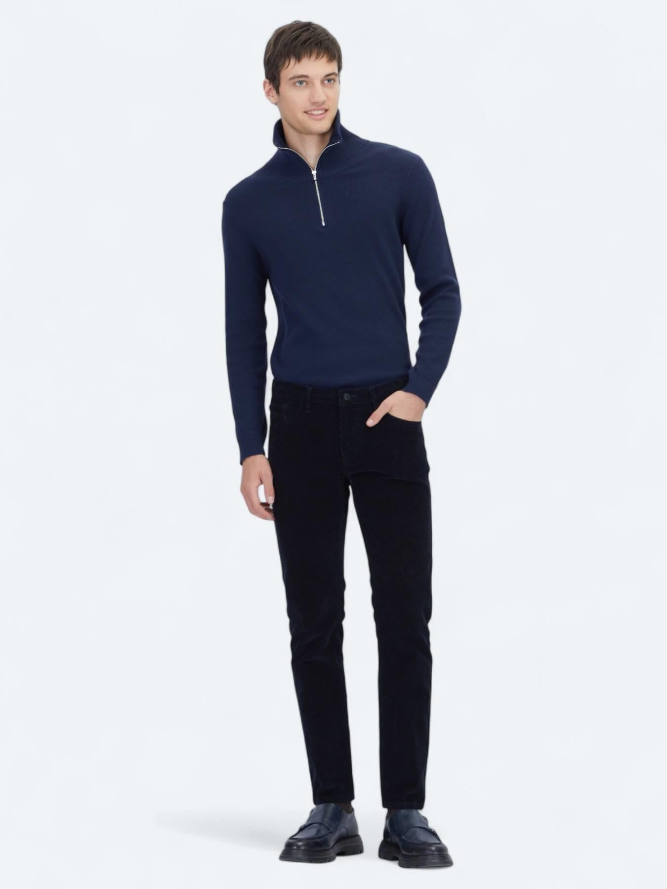 Lacivert Fitilli Dokuma Slim Fit Kadife Casual Pamuk Karışımlı Pantolon
