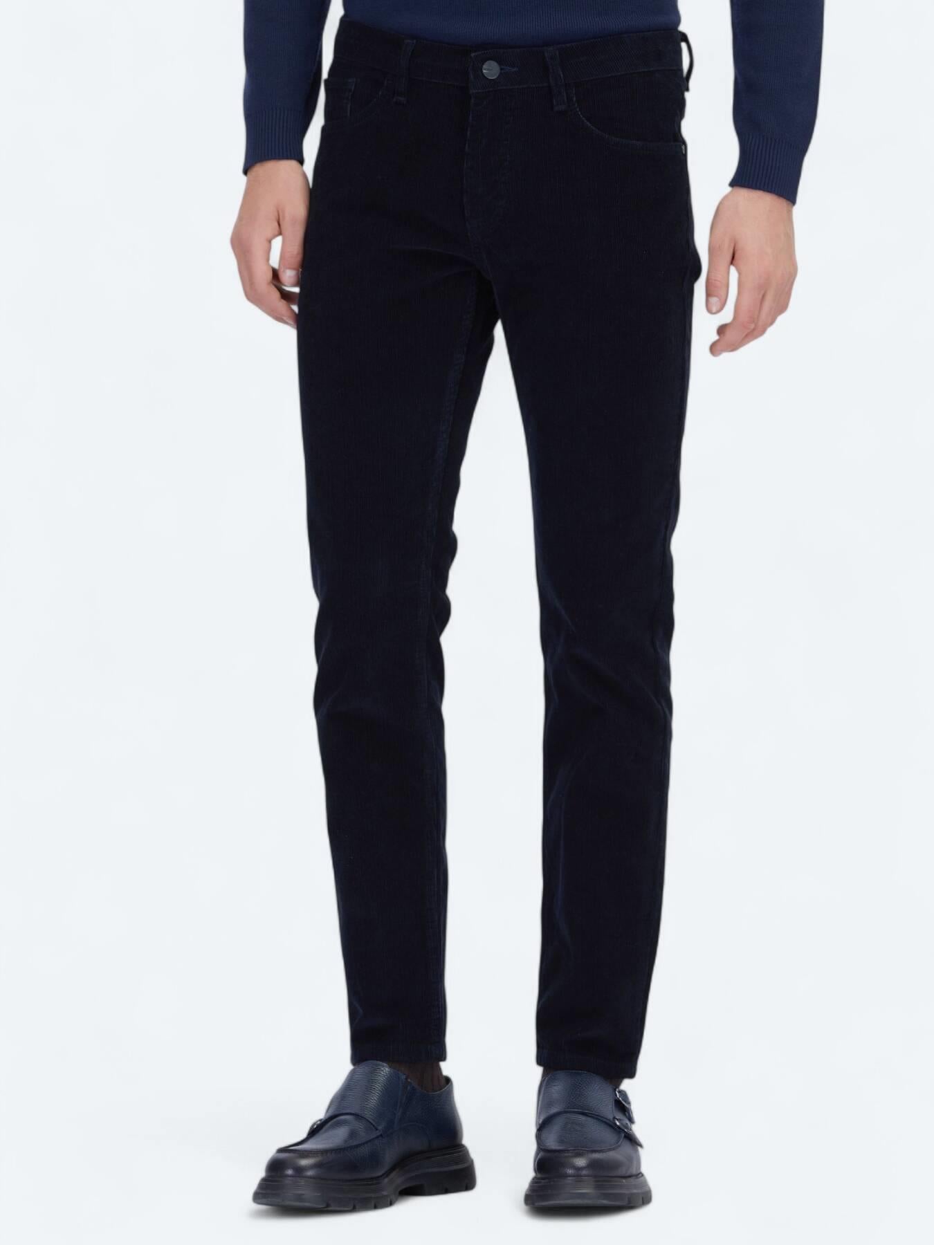 Lacivert Fitilli Dokuma Slim Fit Kadife Casual Pamuk Karışımlı Pantolon