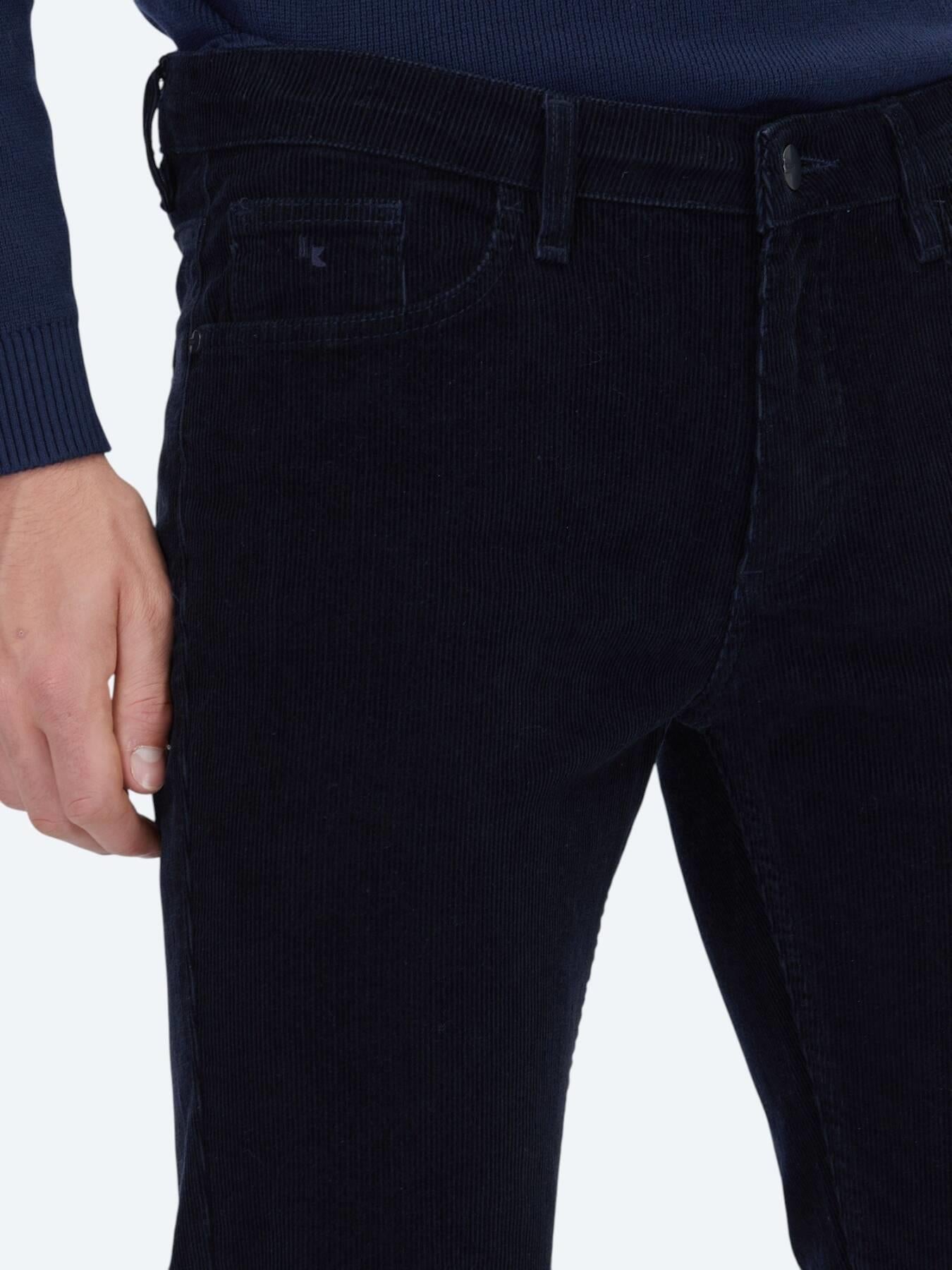Lacivert Fitilli Dokuma Slim Fit Kadife Casual Pamuk Karışımlı Pantolon