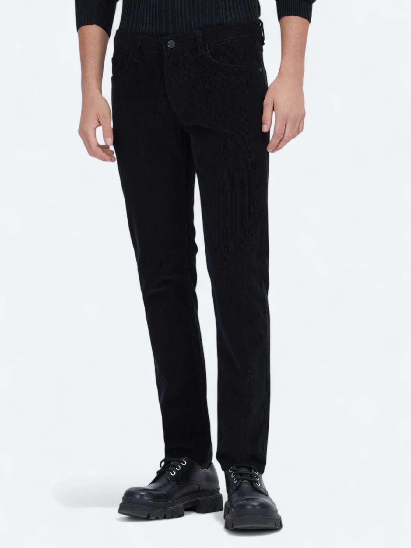 Siyah Fitilli Dokuma Slim Fit Kadife Casual Pamuk Karışımlı Pantolon