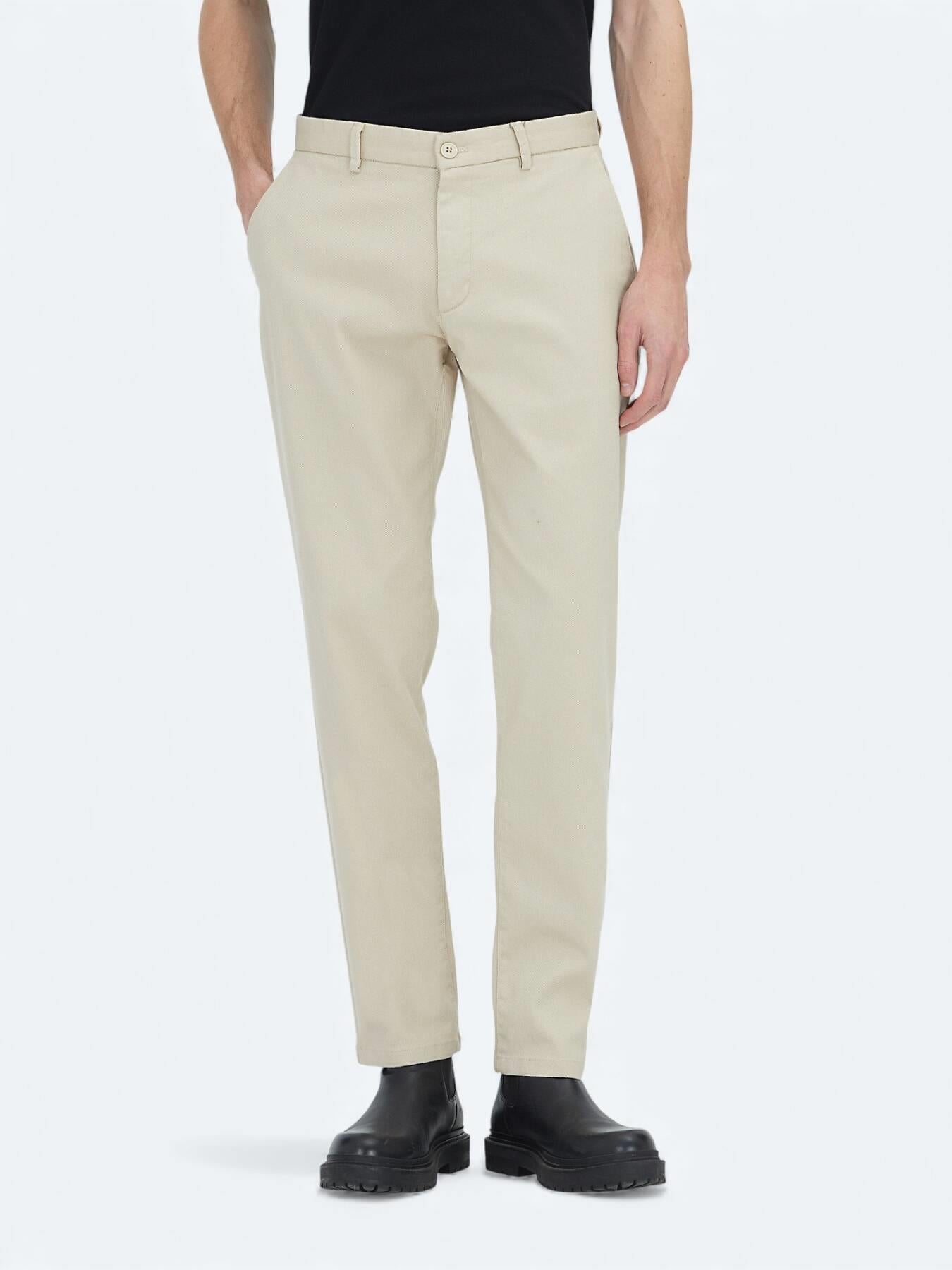 Bej Düz Dokuma Regular Fit Casual Pamuk Karışımlı Pantolon