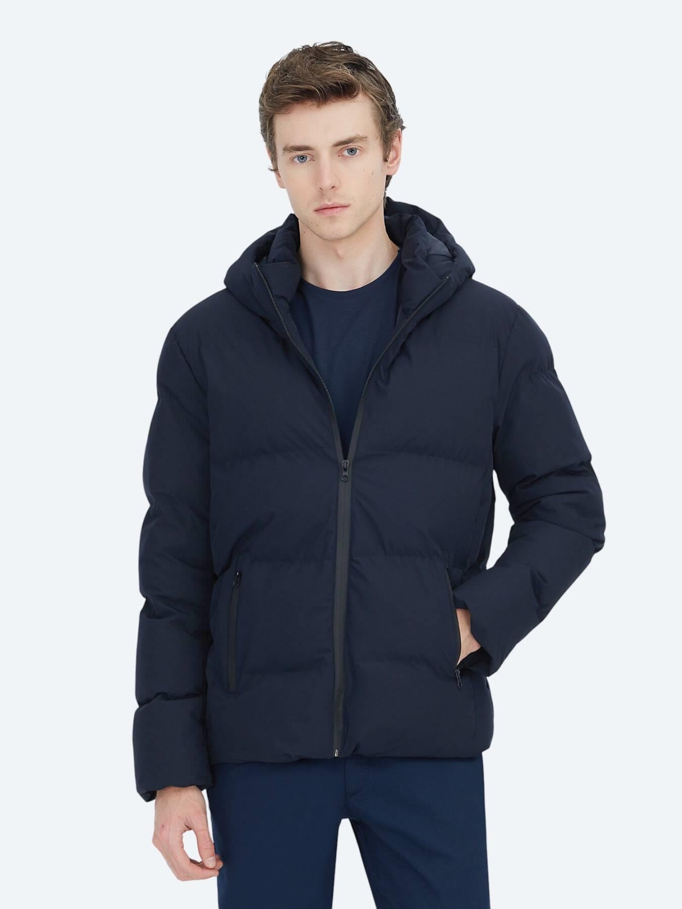 Lacivert Regular Fit Kapüşonlu Casual Dokuma Mont
