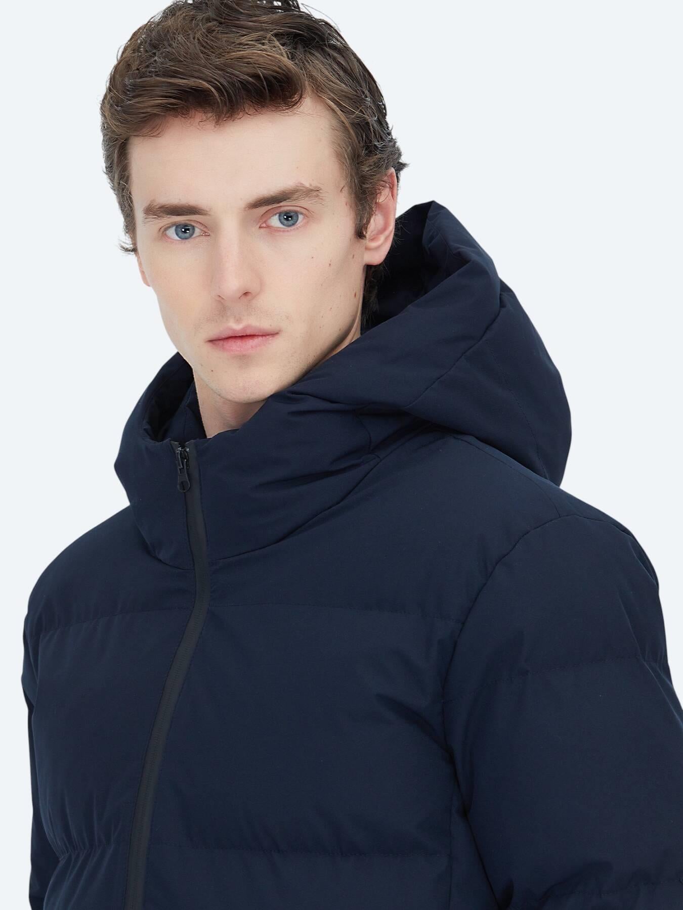 Lacivert Regular Fit Kapüşonlu Casual Dokuma Mont