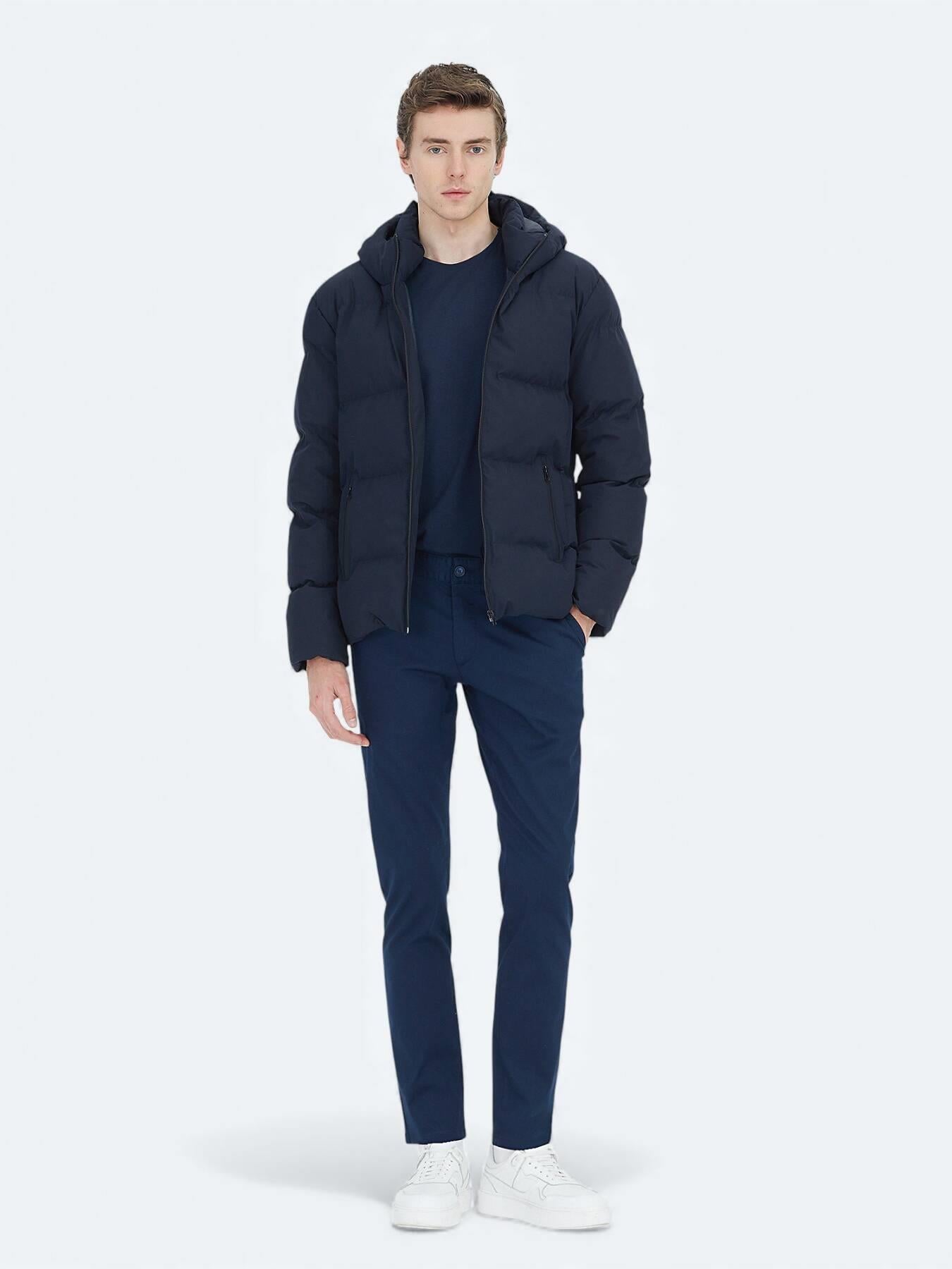 Lacivert Regular Fit Kapüşonlu Casual Dokuma Mont