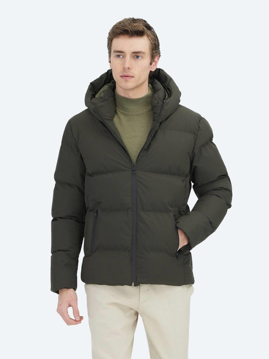 Haki Regular Fit Kapüşonlu Casual Dokuma Mont