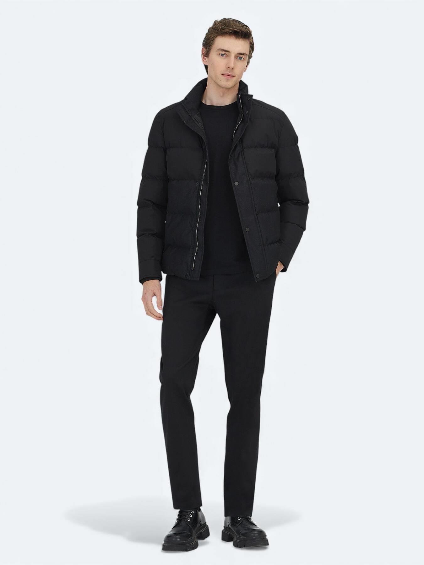 Siyah Regular Fit Kapüşonlu Casual Dokuma Mont