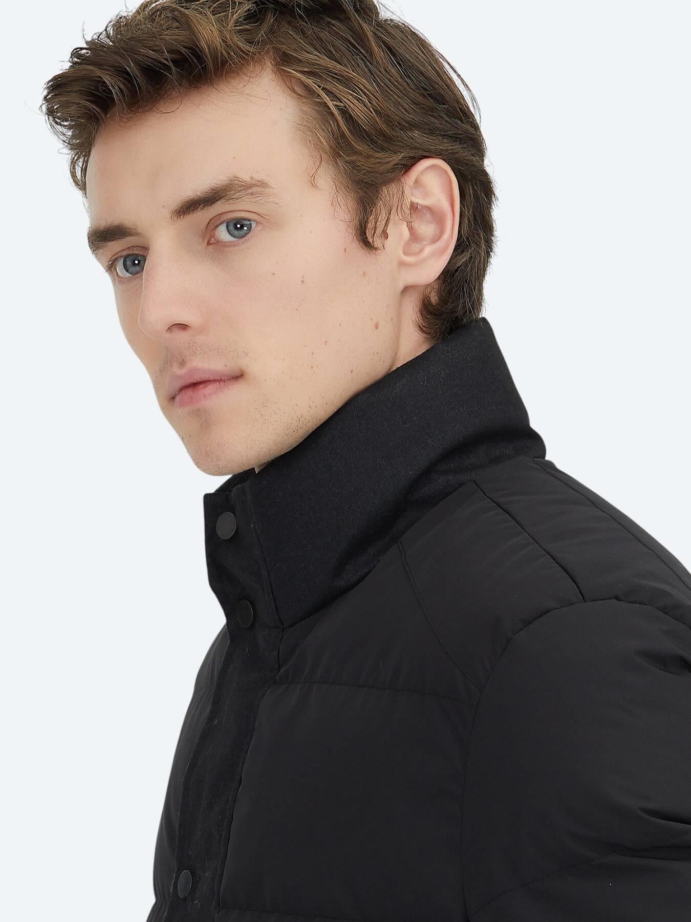 Siyah Regular Fit Kapüşonlu Casual Dokuma Mont