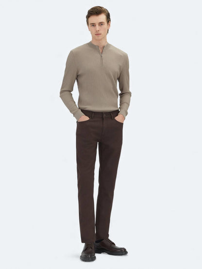 Kahverengi Dokuma Regular Fit Casual Pamuk Karışımlı Pantolon