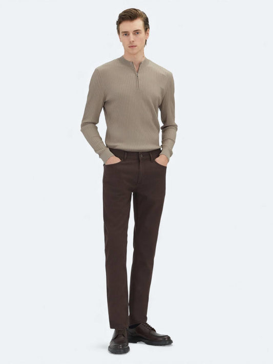 Kahverengi Dokuma Regular Fit Casual Pamuk Karışımlı Pantolon