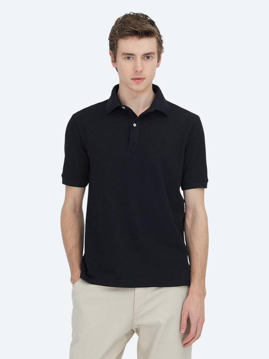 Siyah Düz Polo Yaka Pamuk Karışımlı T-shirt