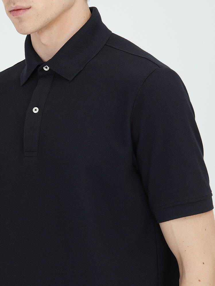 Siyah Düz Polo Yaka Pamuk Karışımlı T-shirt