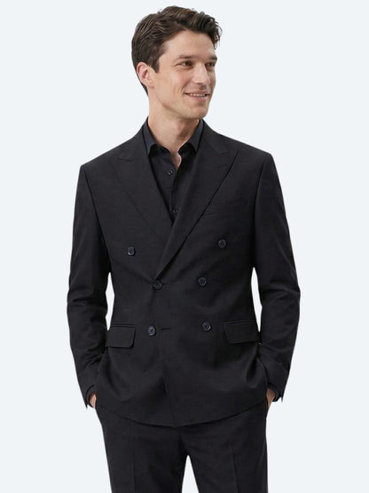 Siyah Düz Modern Fit Yün Karışımlı Takım Elbise