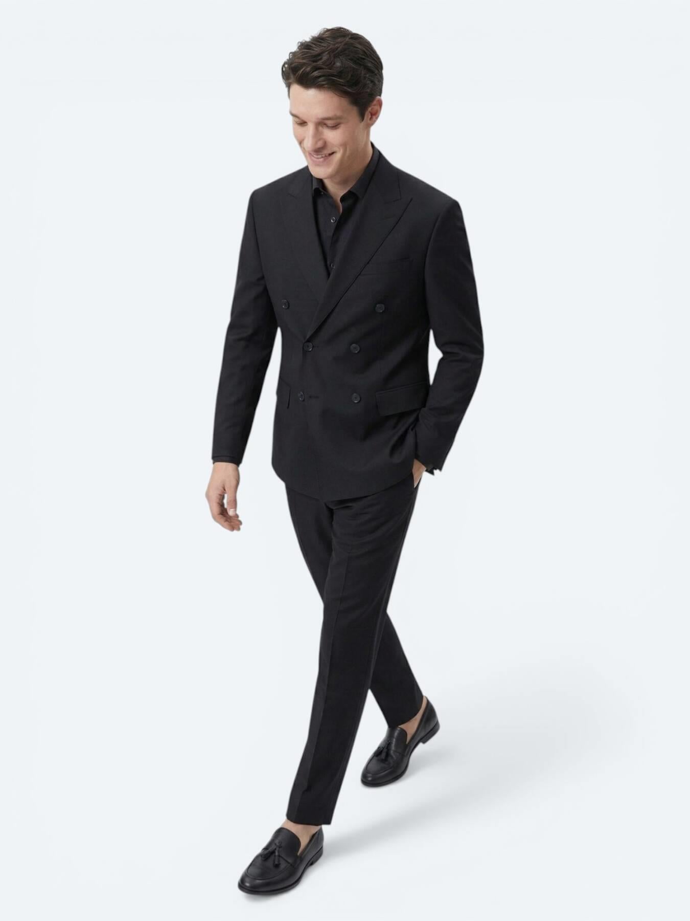 Siyah Düz Modern Fit Yün Karışımlı Takım Elbise