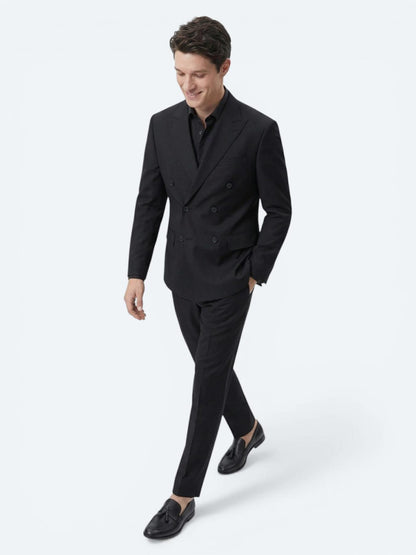 Siyah Düz Modern Fit Yün Karışımlı Takım Elbise