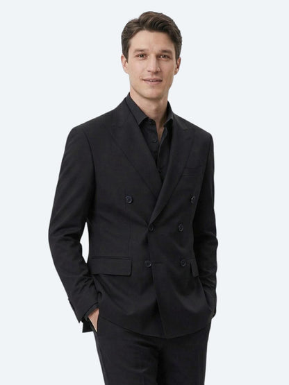 Siyah Düz Modern Fit Yün Karışımlı Takım Elbise