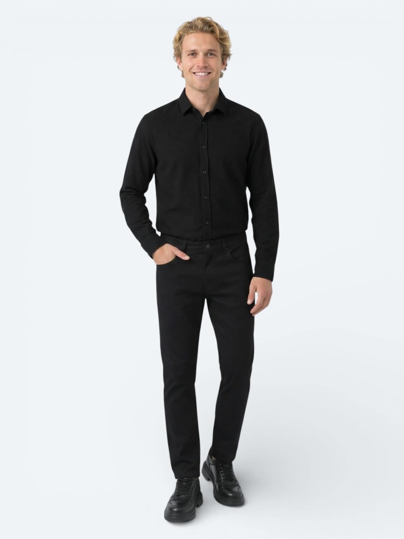 Siyah Düz Dokuma Slim Fit Spor Pamuk Karışımlı Pantolon