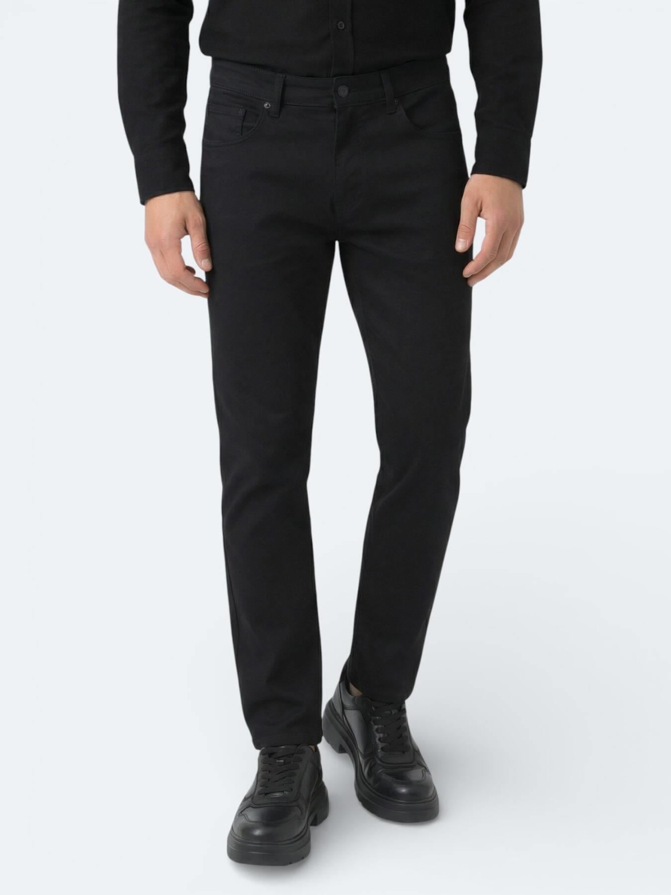Siyah Düz Dokuma Slim Fit Spor Pamuk Karışımlı Pantolon