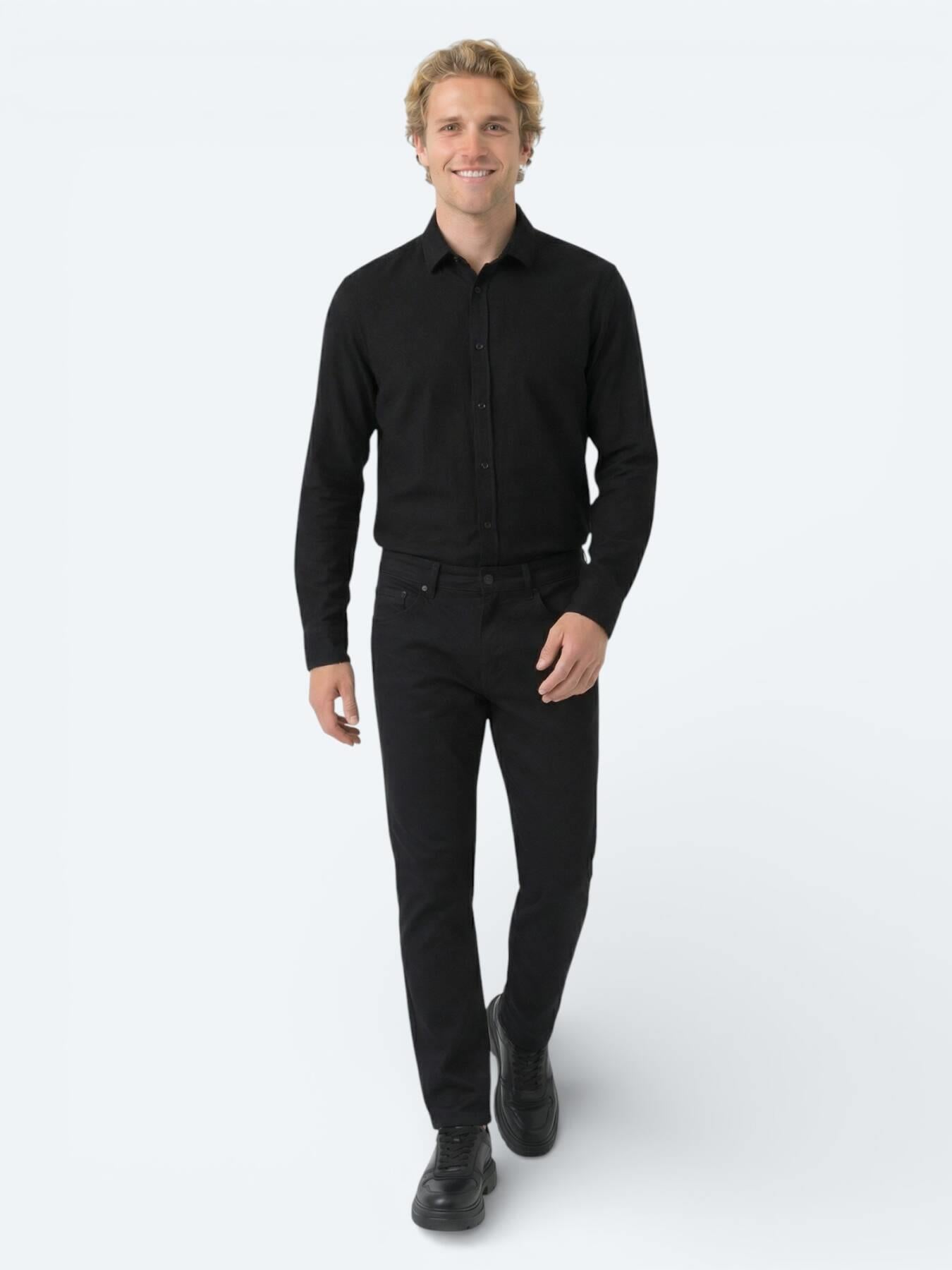 Siyah Düz Dokuma Slim Fit Spor Pamuk Karışımlı Pantolon