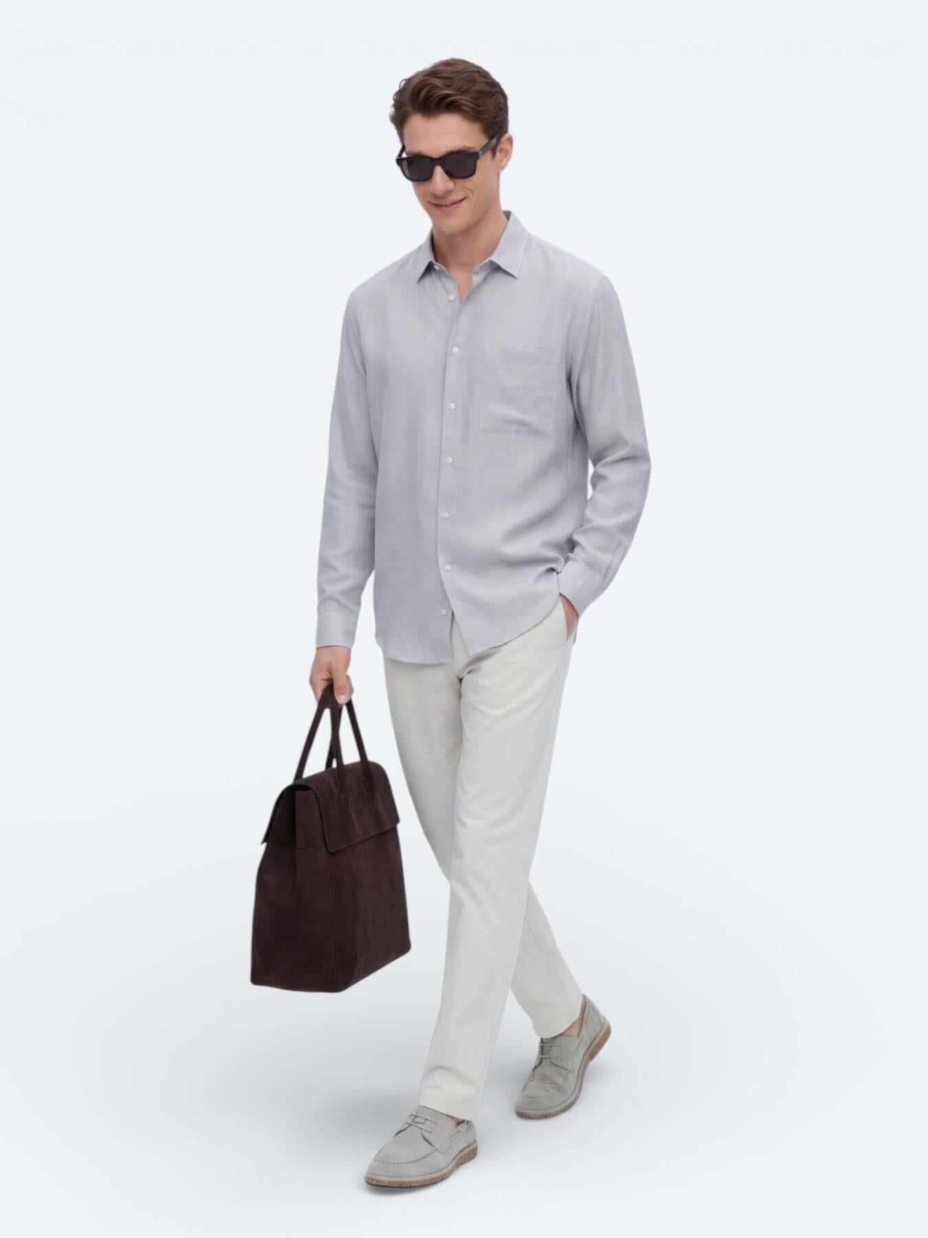 Gri Düz Oversize Fit Uzun Dokuma Casual Gömlek