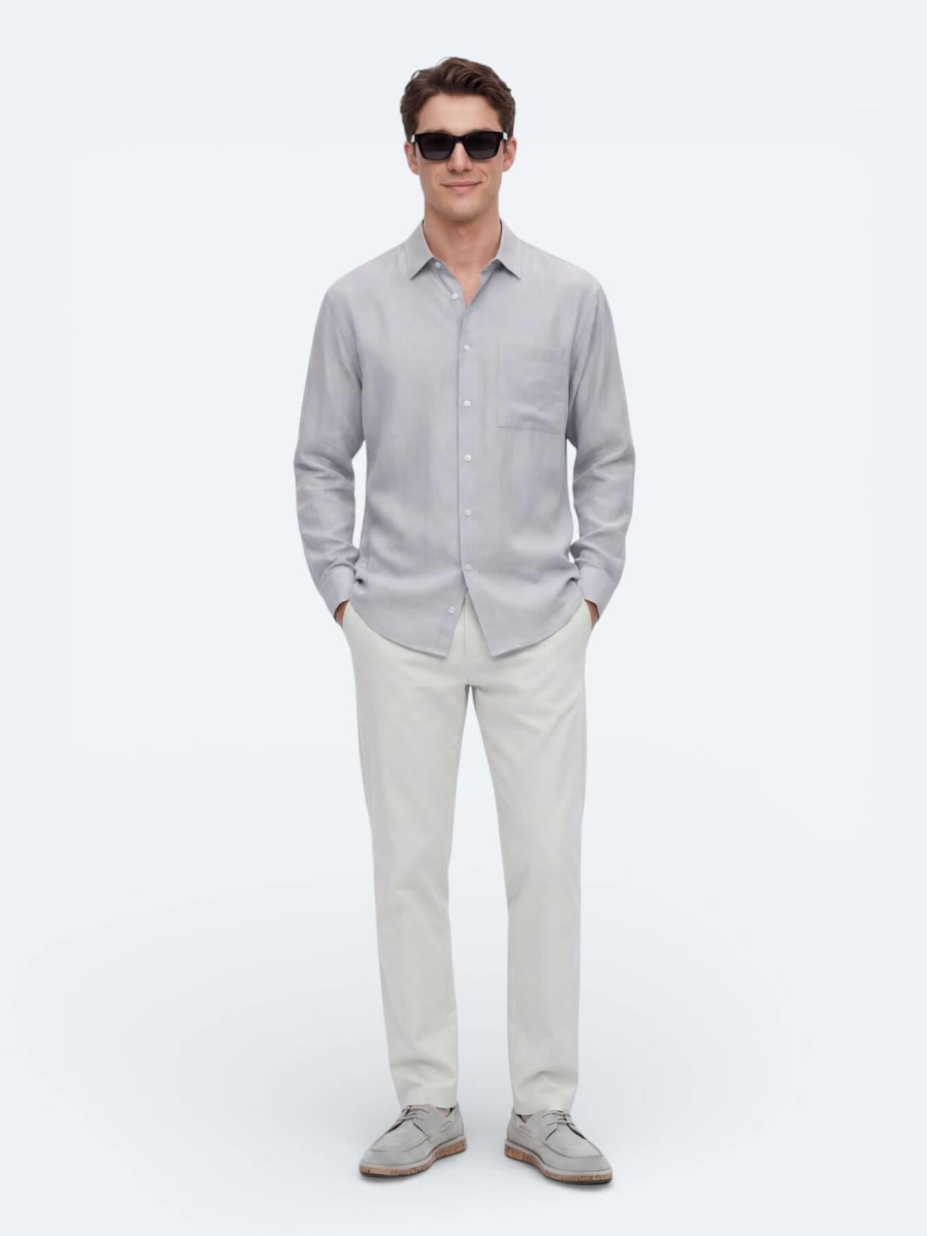 Gri Düz Oversize Fit Uzun Dokuma Casual Gömlek