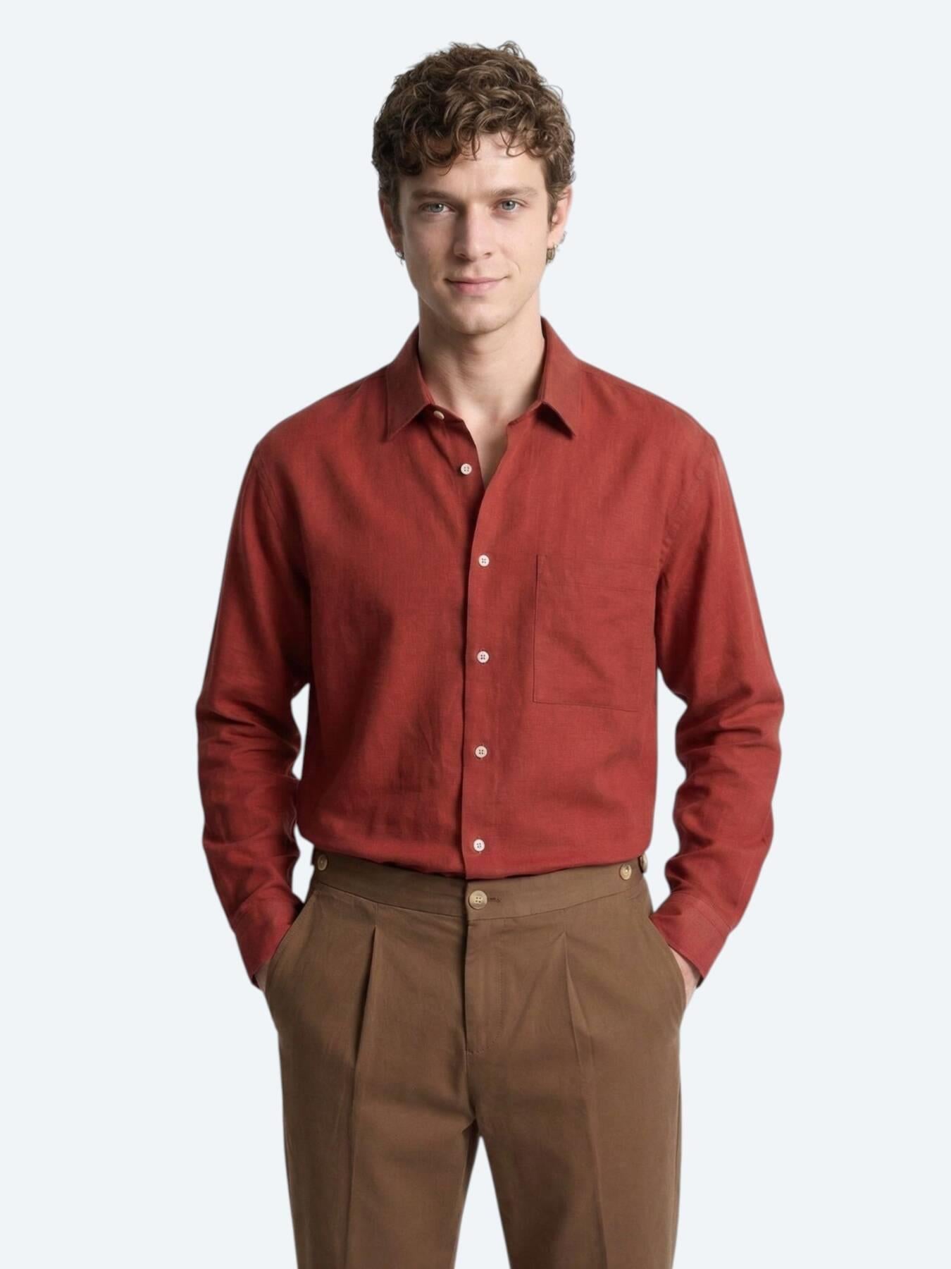 Kiremit Düz Oversize Fit Uzun Dokuma Casual Gömlek