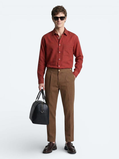 Kiremit Düz Oversize Fit Uzun Dokuma Casual Gömlek