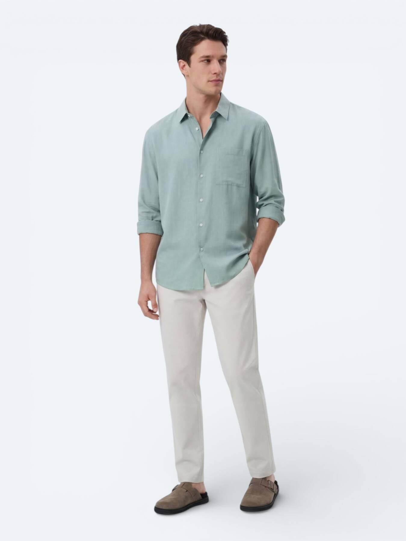 Mint Düz Oversize Fit Uzun Dokuma Casual Gömlek